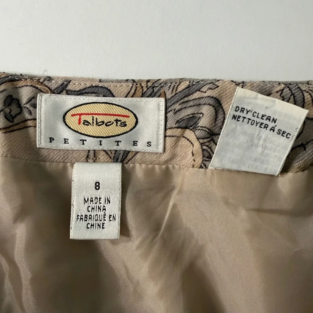 Talbots Petites Vintage Wool‎ Floral Paisley Midi Skirt Beige Tan Grey Size 8P